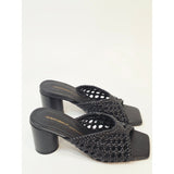 INTENTIONALLY BLANK Cassandra Black Woven Square-Toe Block Heel Mule Sandals