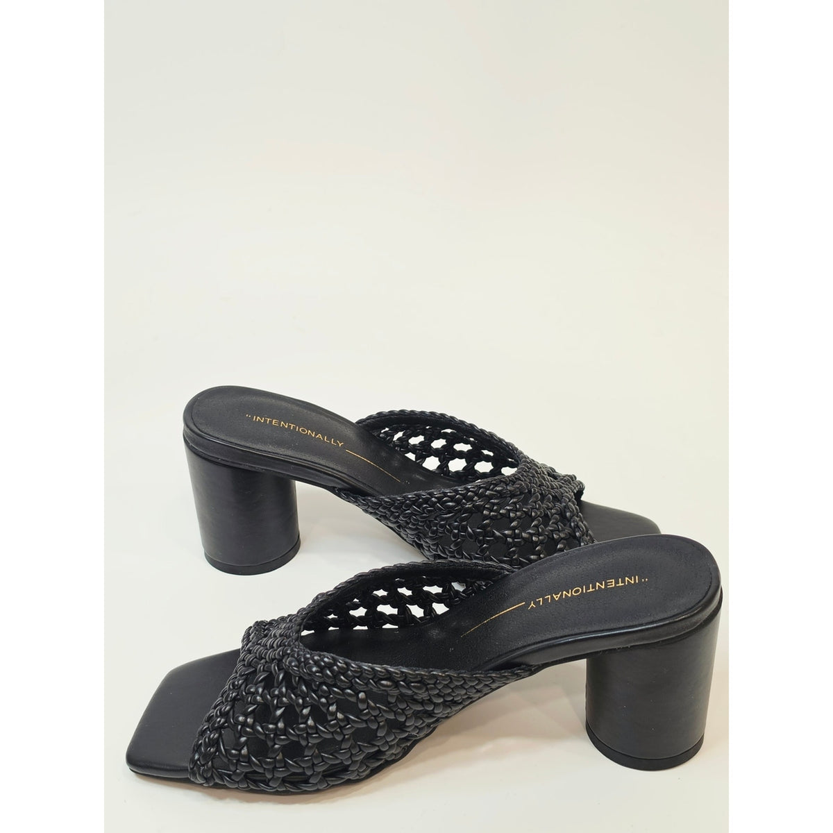 INTENTIONALLY BLANK Cassandra Black Woven Square-Toe Block Heel Mule Sandals