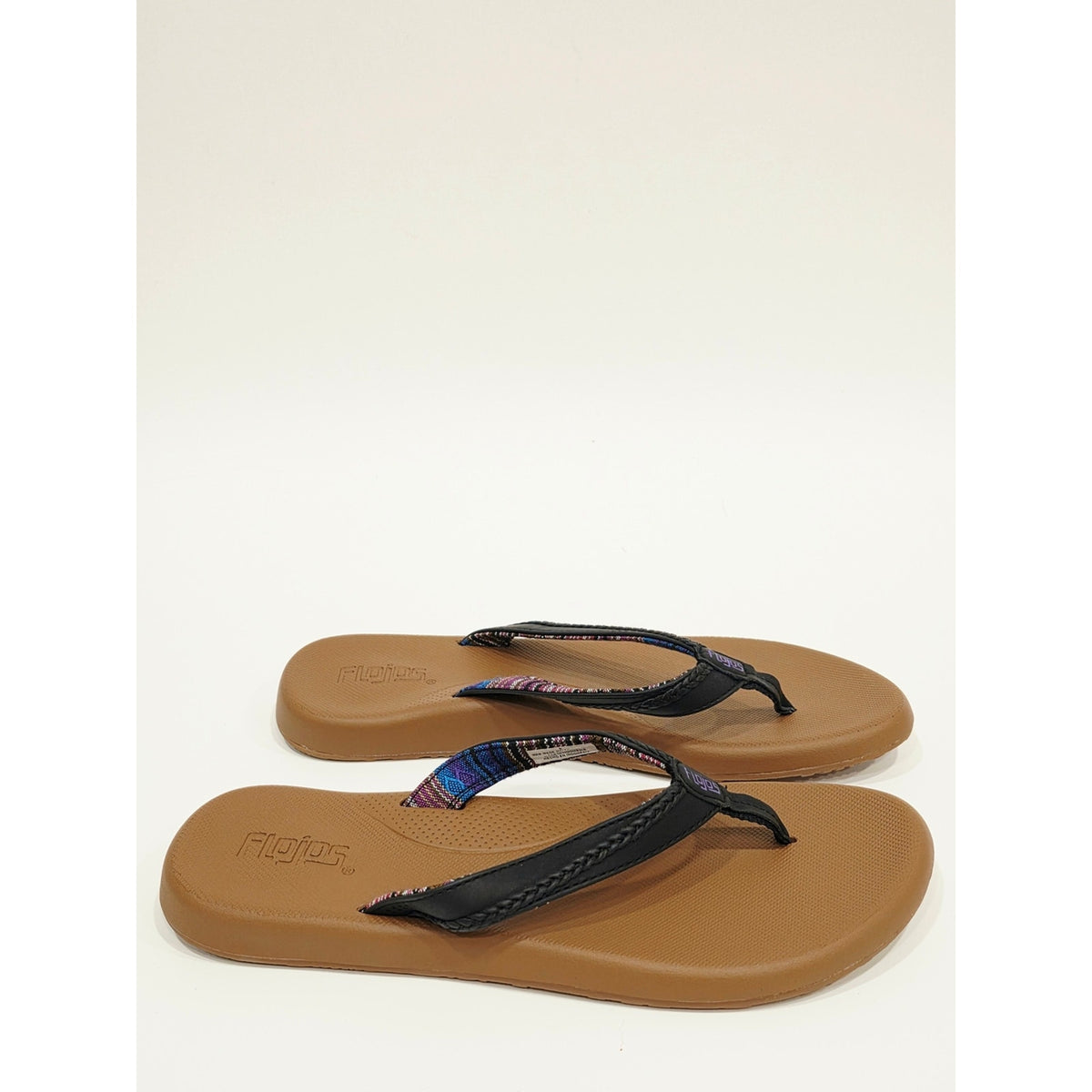 Flojos Women's Brown Footbed Flip Flops with Black Straps and Purple Accent