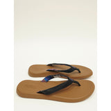 Flojos Women's Brown Footbed Flip Flops with Black Straps and Purple Accent