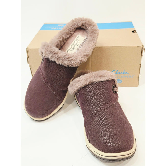 Clarks Cloudsteppers Breeze Myth Merlot Faux Fur Clogs US 7.5 Wide