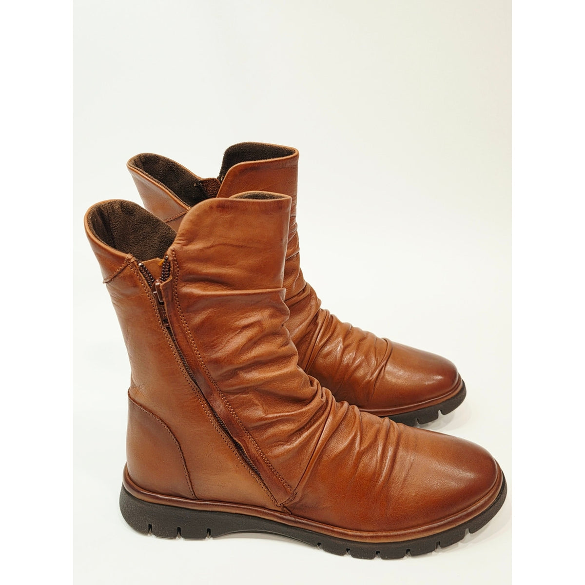 Miz Mooz Delena Ruched Leather Mid-Shaft Boots in brandy EU 38 US 7.5-8