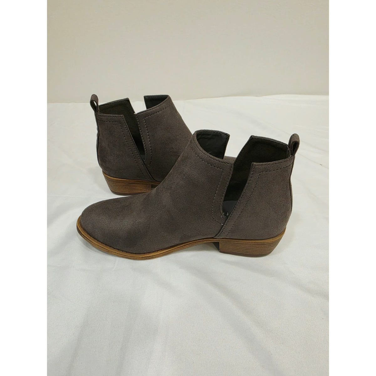 Journee Collection Rimi Gray Suede Chelsea Ankle Booties with Tan Stacked Heel