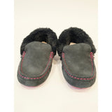 Mykos Aussie Moc Women's Black Faux-Suede Moccasin with Pink Stitching