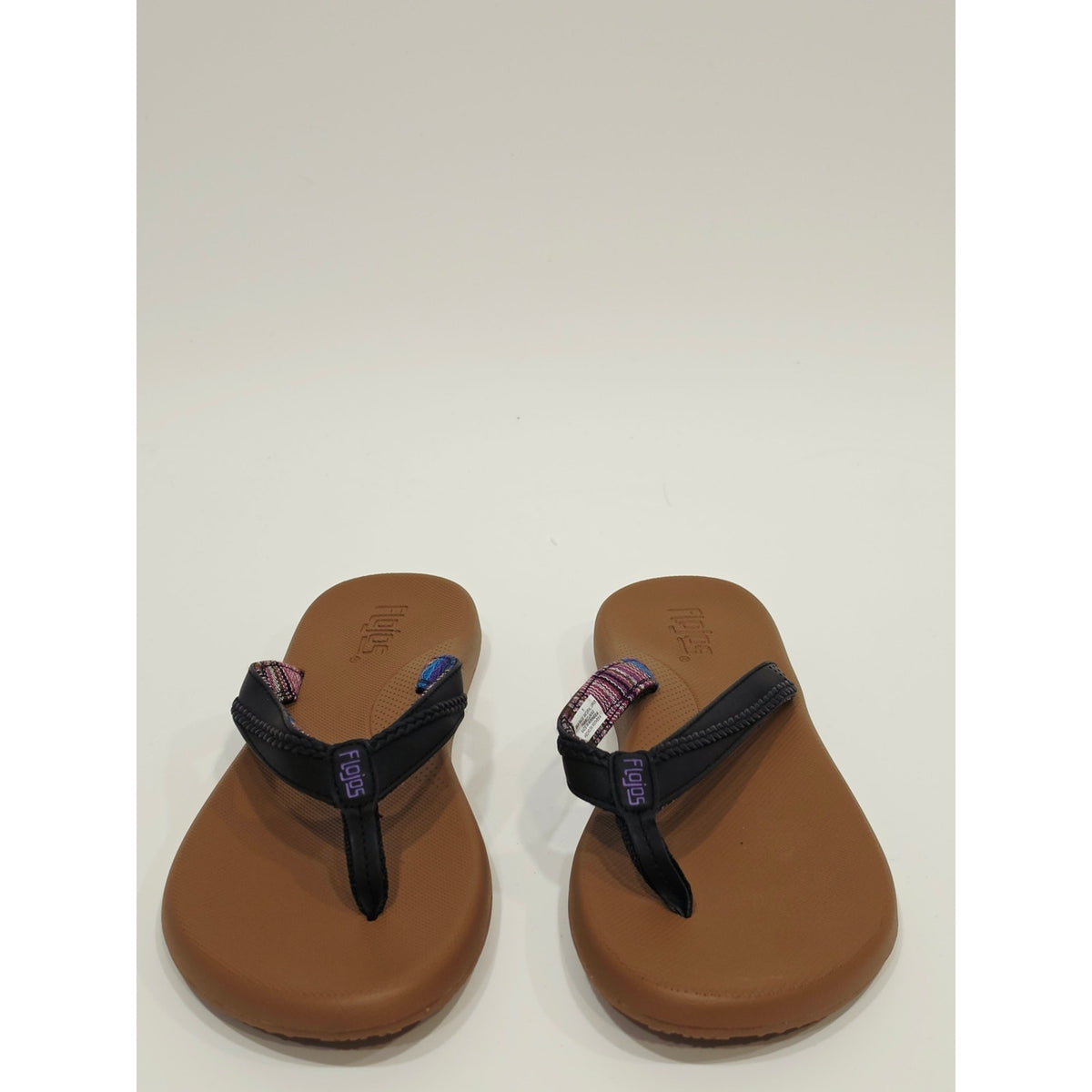 Flojos Women's Brown Footbed Flip Flops with Black Straps and Purple Accent