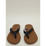 Flojos Women's Brown Footbed Flip Flops with Black Straps and Purple Accent