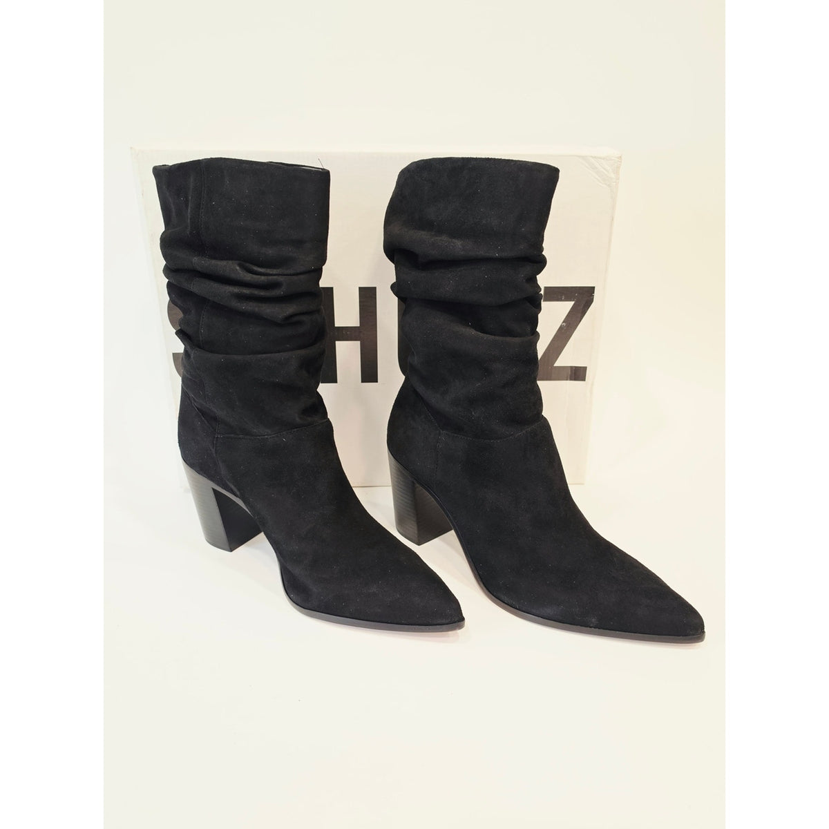 Schutz Ashlee Block Black Slouch Suade Pointed-Toe Block Heel Boots