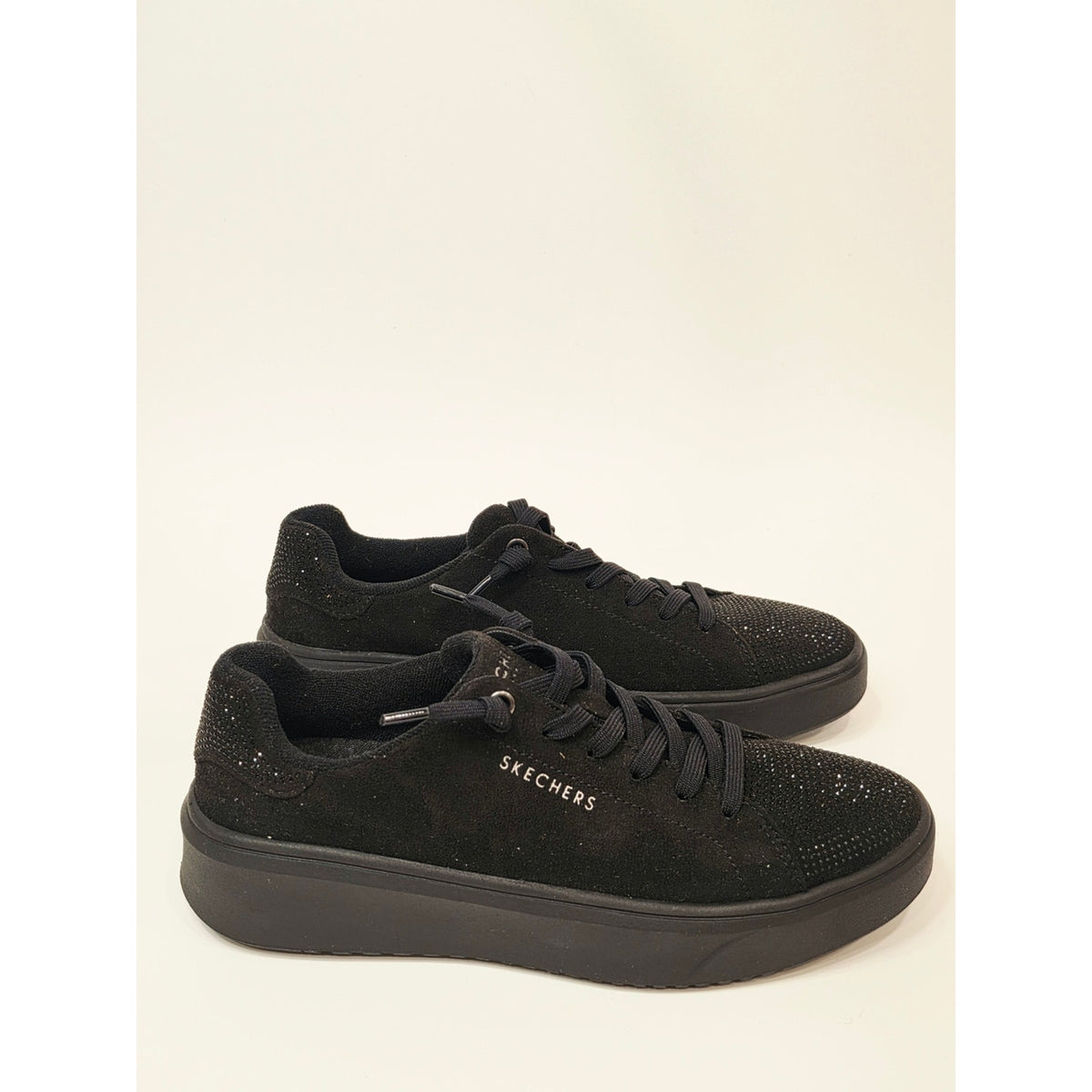 Skechers Court Break embellished black sneakers with rhinestone-accented toes