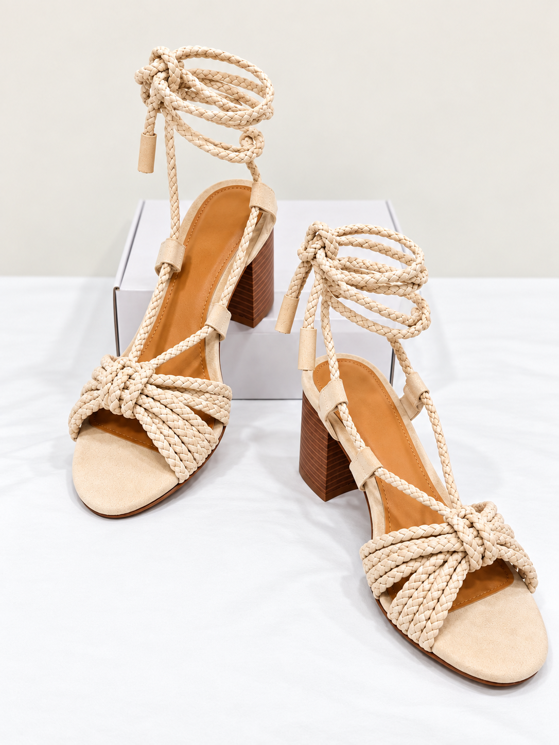 Journee Collection Railee Off White Braided Lace-Up Block Heel Sandal